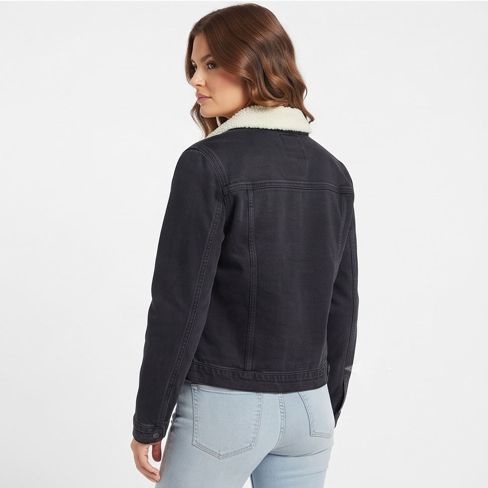 Power Punch Women Quilted Knitted Denim Jackets Casual Wear Single Breasted Blue Angle 2