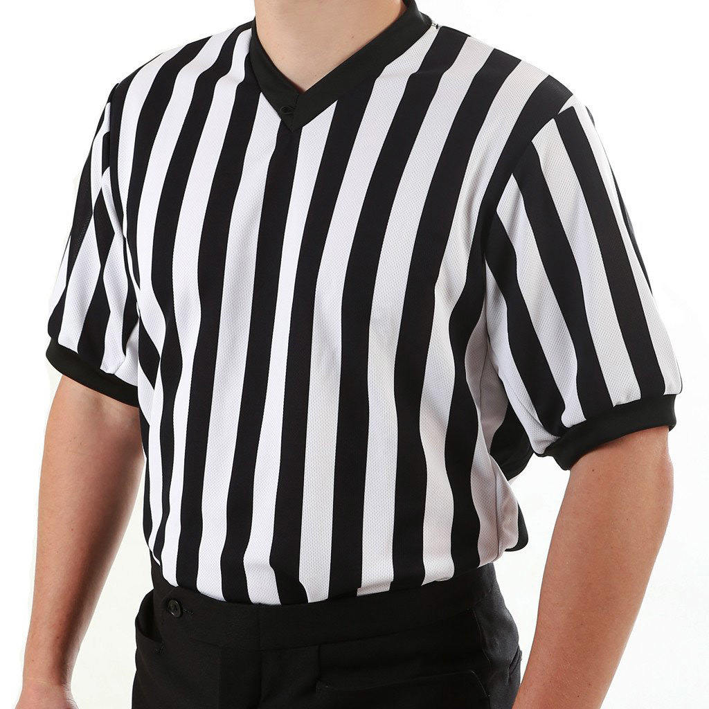 Power Punch Sublimation Striped Grey Pin Stripe V-Neck Referee Shirt Basketball Referee Shirt W - Angle 2